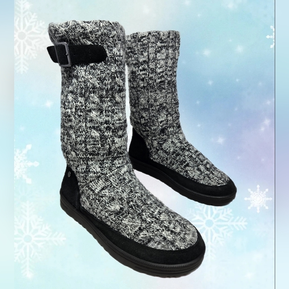 Abeo Women Mid Calf Pull On Boots Sz 8 Black Suede Knit Upper Sheepskin Foot Bed
